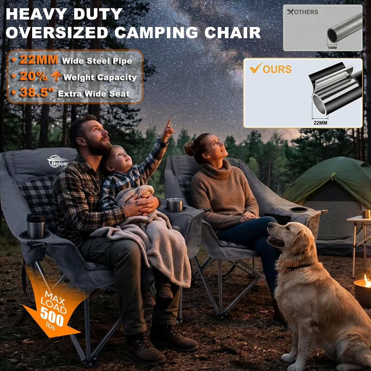 2 Pack Oversized Camping Chairs for Adults Heavy Duty Padded Lawn Chair