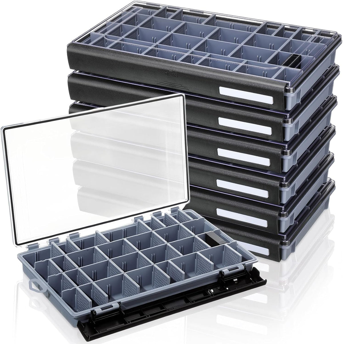 Junkin 6 Pack 3700 Fishing Tackle Boxes Waterproof, High-vis Black Lure Organizer Trays with Removable Dividers, Airtight Bait Storage Case for Bass Fishing Backpacks & Kayak Gear Accessories