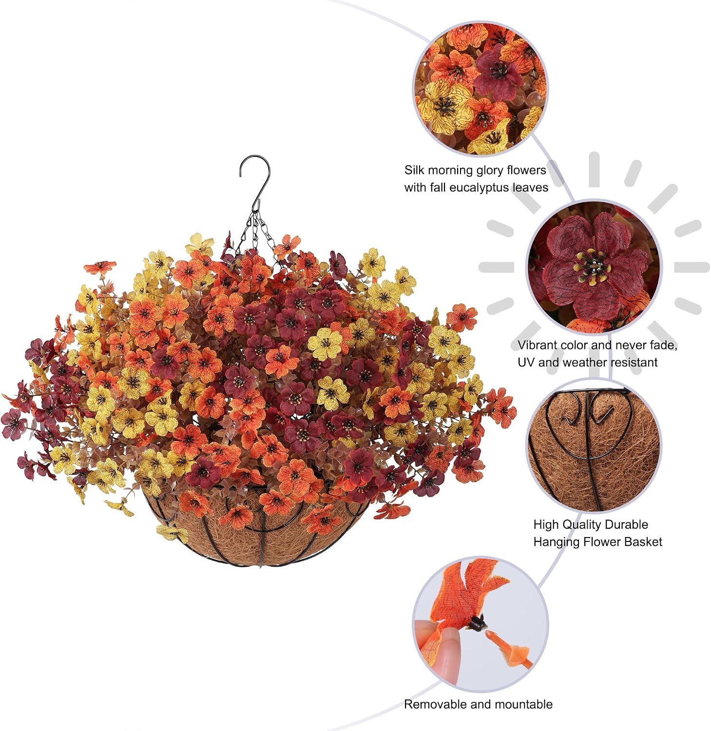 HyeFlora 2 Set Artificial Outdoor Faux Fall Mums Hanging Flowers Plants Basket Outside, 14 Bundles Fake Silk Daisy Fern in Planter UV Resistant for Autumn Porch Balcony Patio Yard Decor, 3 Colors Mix