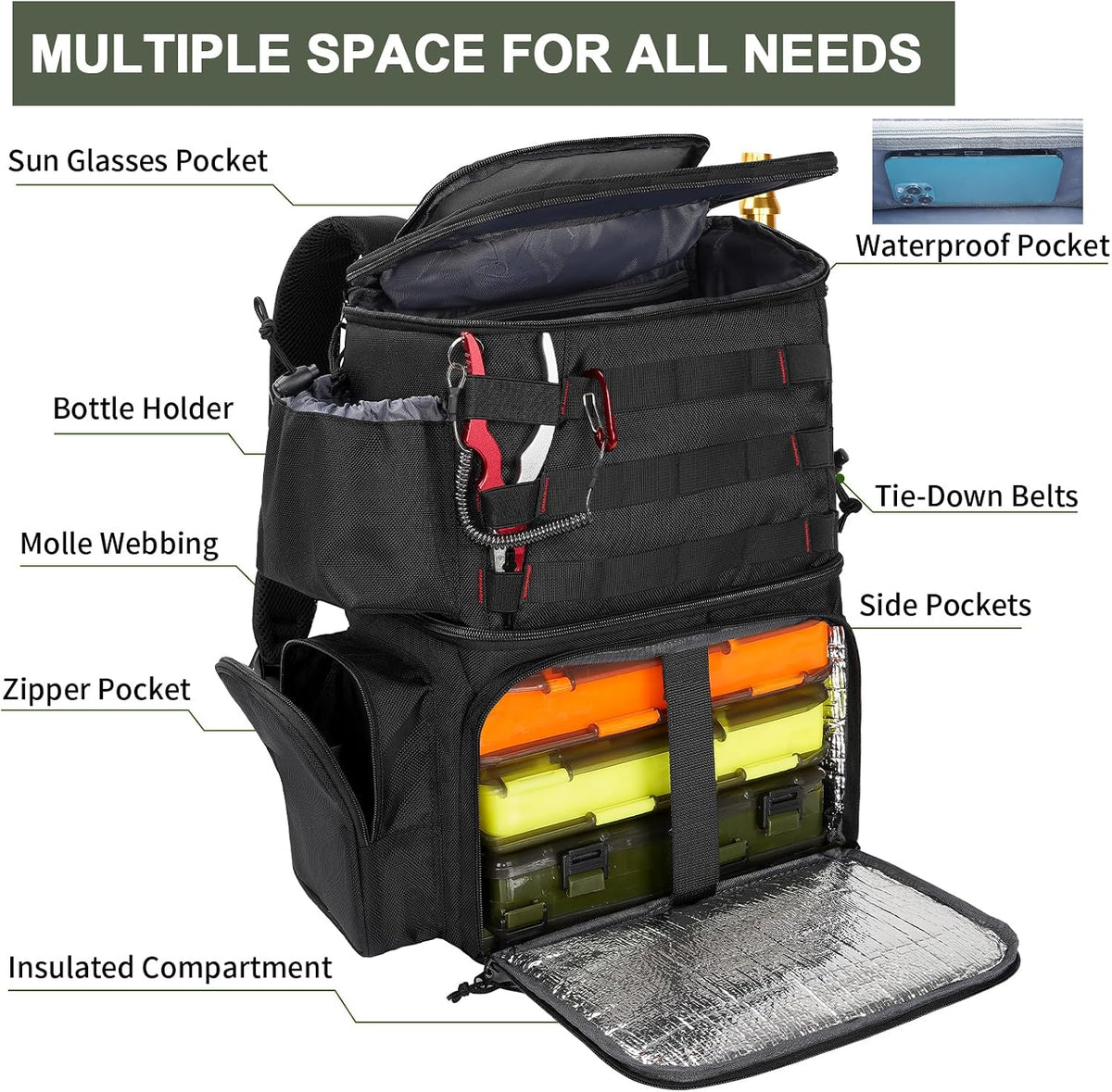 MATEIN Fishing Backpack, Tackle Storage Bag with Rod Holders & Cooler