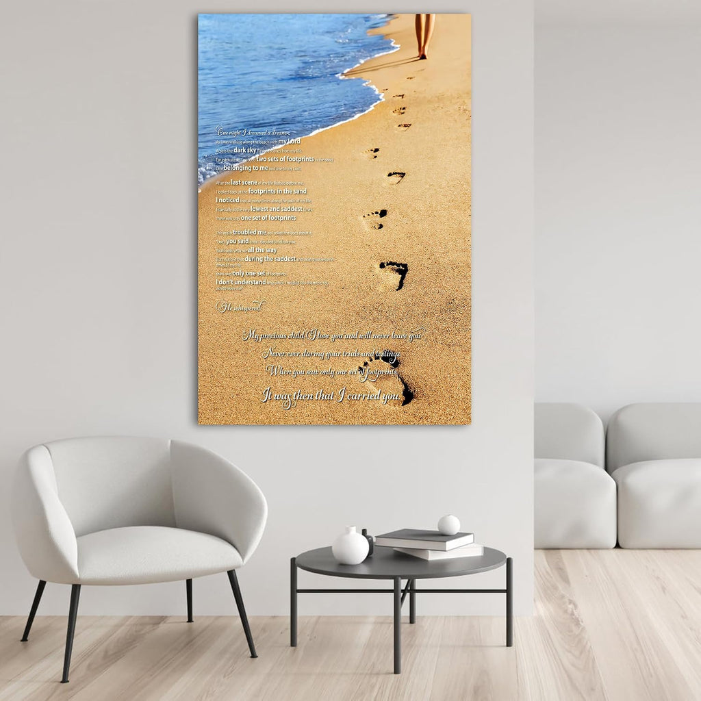 Footprints in the Sand Wall Art Decor, Footprints in the Sand Canvas Prints Wall Art, Inspirational Christian Poem Wall Poster Gift, Beach Picture Wall Art for Living Room Beach Office 32"Wx48"HInches