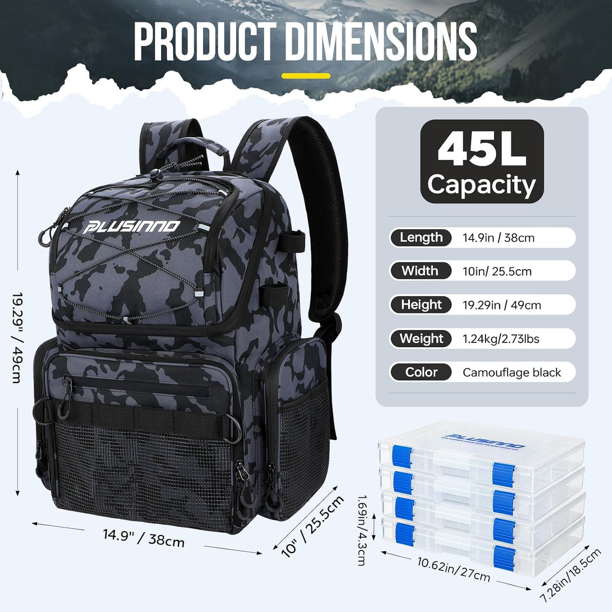 PLUSINNO Cooler Fishing Backpack with Rod Holders 45L Large Water-resistant Fishing Tackle bag Store Fishing Gear Fishing Gifts for Men Father