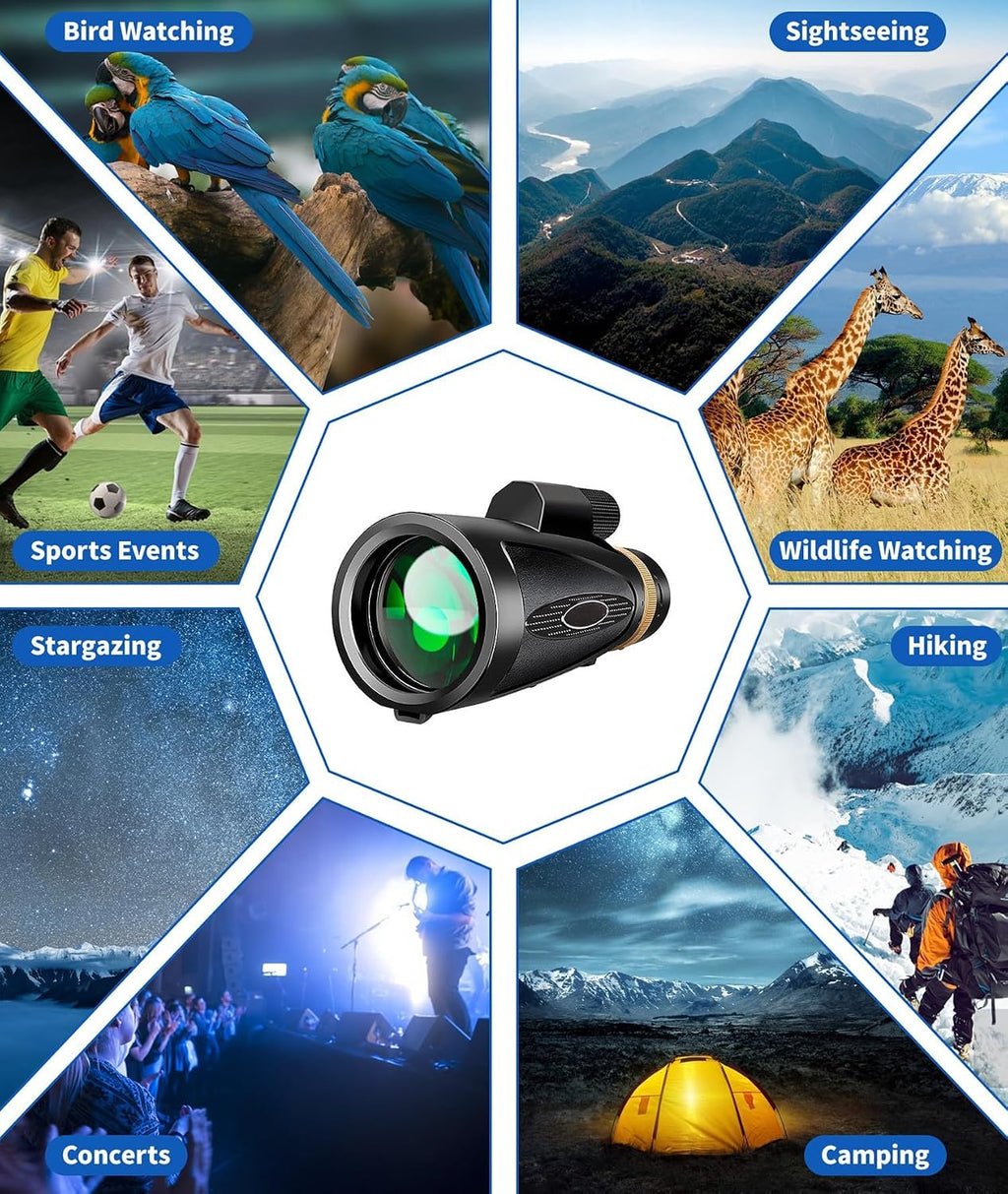 Monocular Telescope 12X60 HD High Power with Smartphone Adapter Tripod Larger Vision Monoculars for Adults with BAK4 Prism & FMC Lens Suitable for Bird Watching Hiking Camping Wildlife-Black