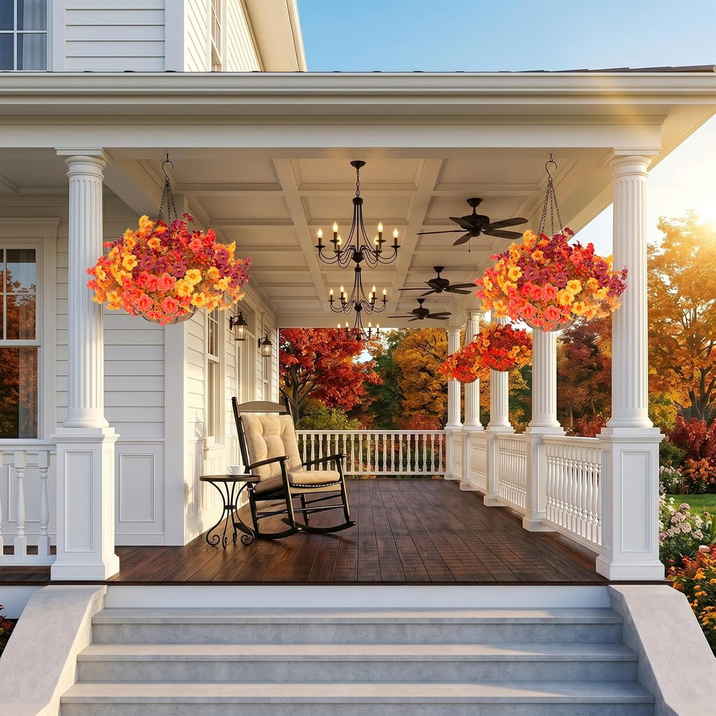 Daynight 2 Set Artificial Outdoor Fall Flowers with Hanging Baskets, 24 Pcs Faux Petunias Flowers with Hanging Planter for Outside Porch Yard Garden Autumn Decor (2, Orange)