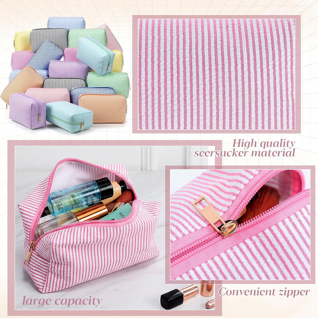 Sanwuta 20 Pcs Seersucker Cosmetic Bags Bulk, Striped Zippered,Bright