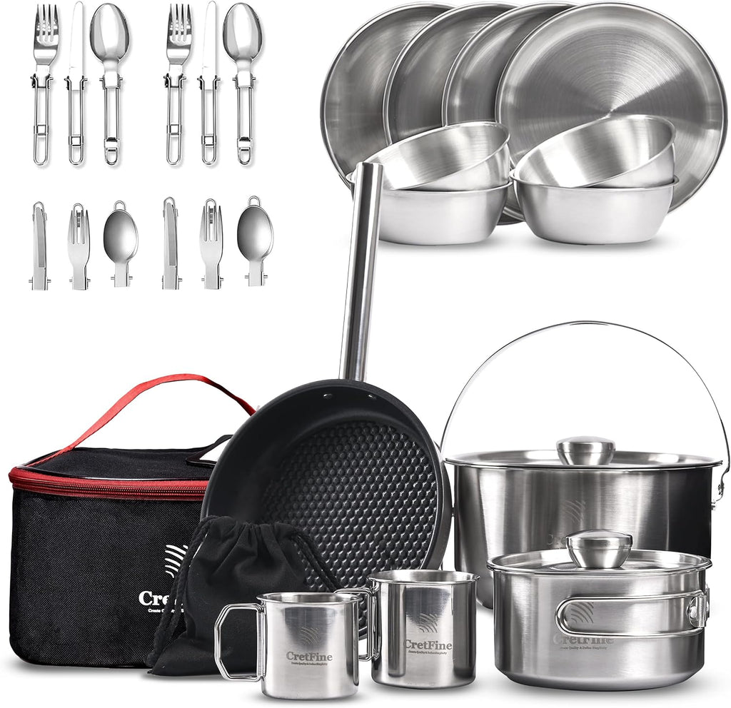 CompactKit Camping Cookware Set Stainless Steel Pots and Pan with Detachable Handle and Oxford Cloth Bag, for 4-8 Mess Kit with Utensils for Camp Kitchen, Picnic, BBQ, Traveling, Emergency