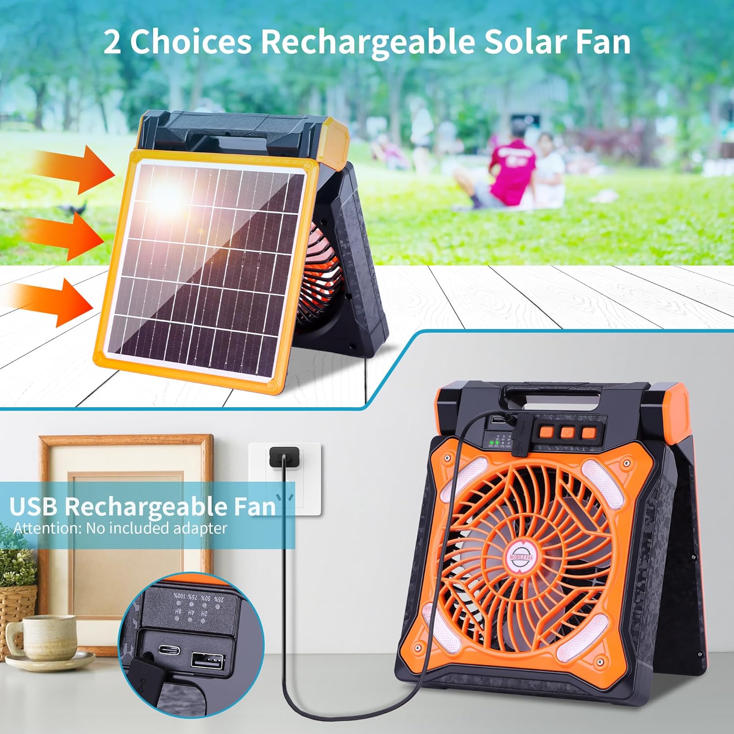 WESTTREE Solar Fan Battery Powered Rechargeable Solar Camping Fan with Led Lantern Power Bank Foldable Angle USB Personal Fans for Travel Outdoor CampingTents camping essentials X98 Orange