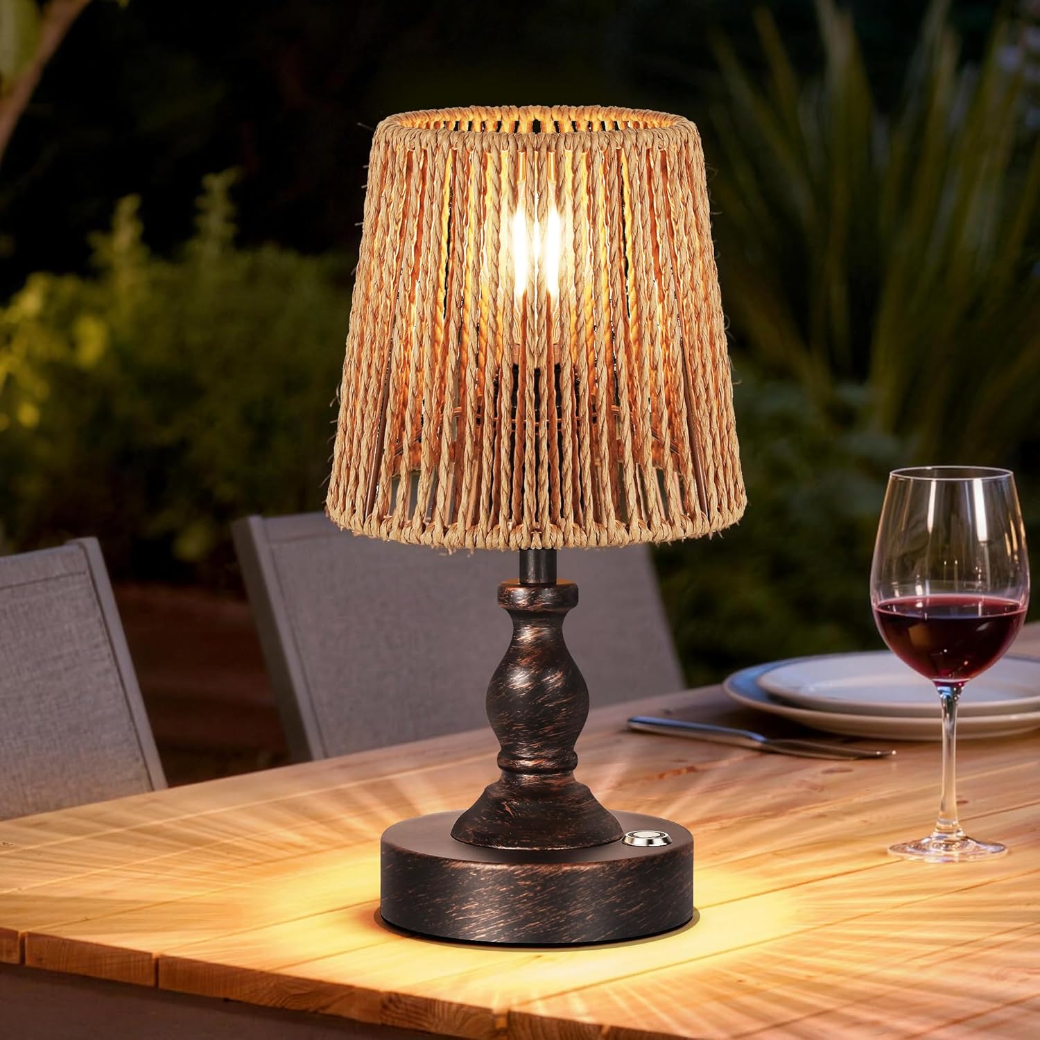 PARTPHONER Mini Cordless LED Table Lamp, 5200mAh Rechargeable Battery Operated Lamp, 3-Level Brightness, Touch Dimmable Desk Lamp, Bedside Night Light with Rattan Shade, Oil Rubbed Bronze