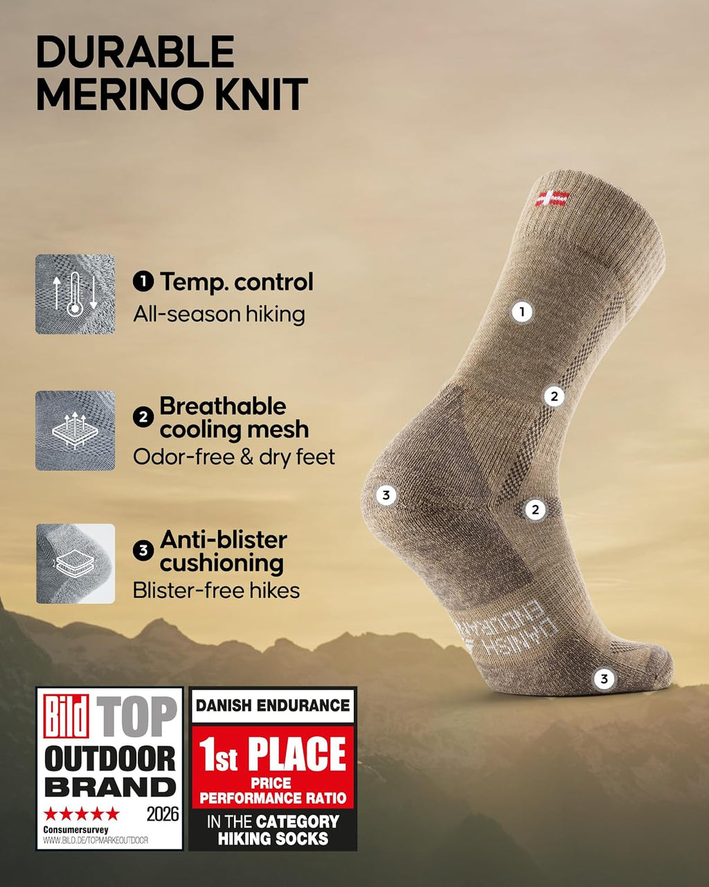 DANISH ENDURANCE Hiking Socks, Merino Wool, Anti-Blister, 3 & 5-Pack