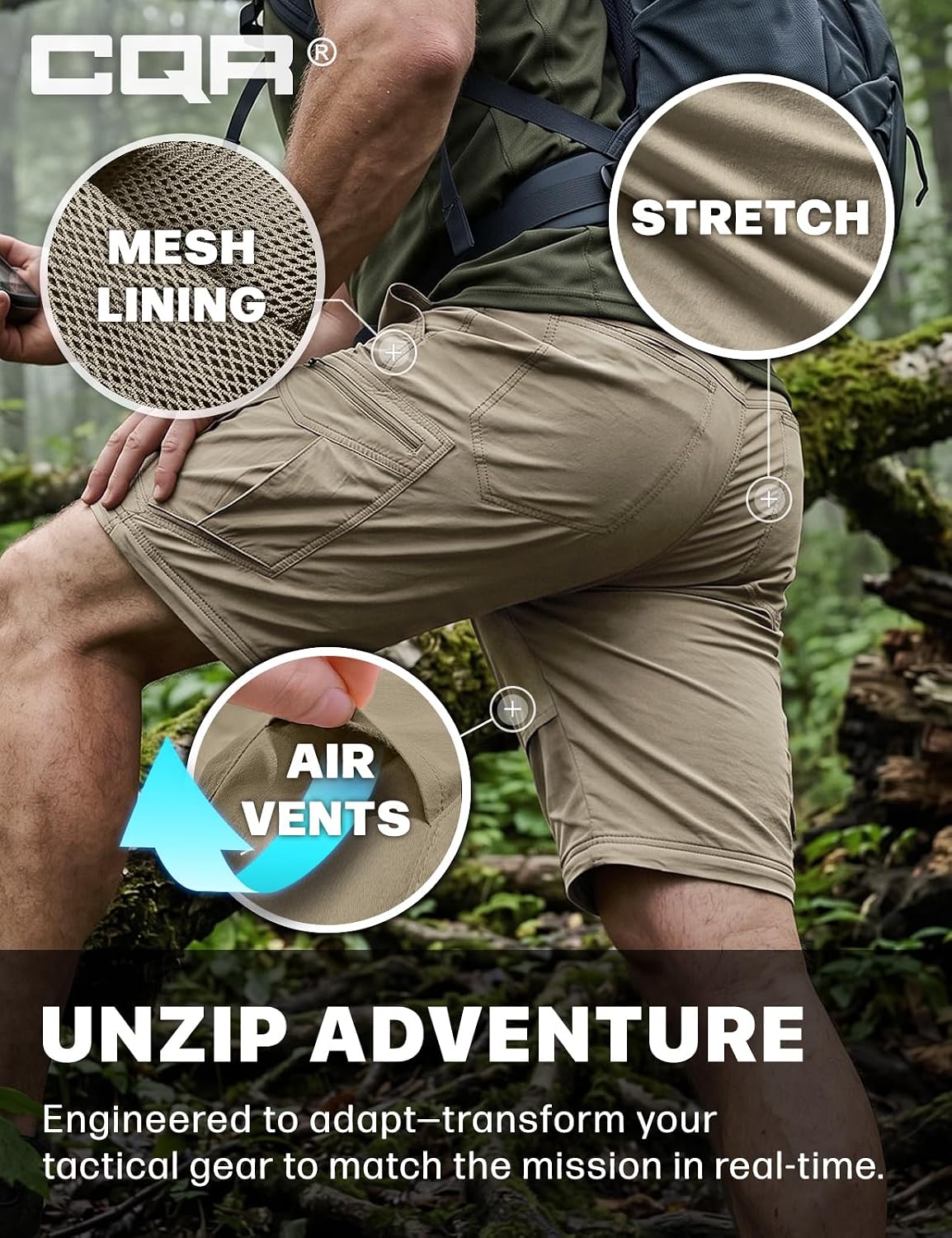 CQR Men's Convertible Cargo Tactical Pants, Water Resistant Outdoor Hiking Pants, Zip Off Lightweight Stretch Work Pants