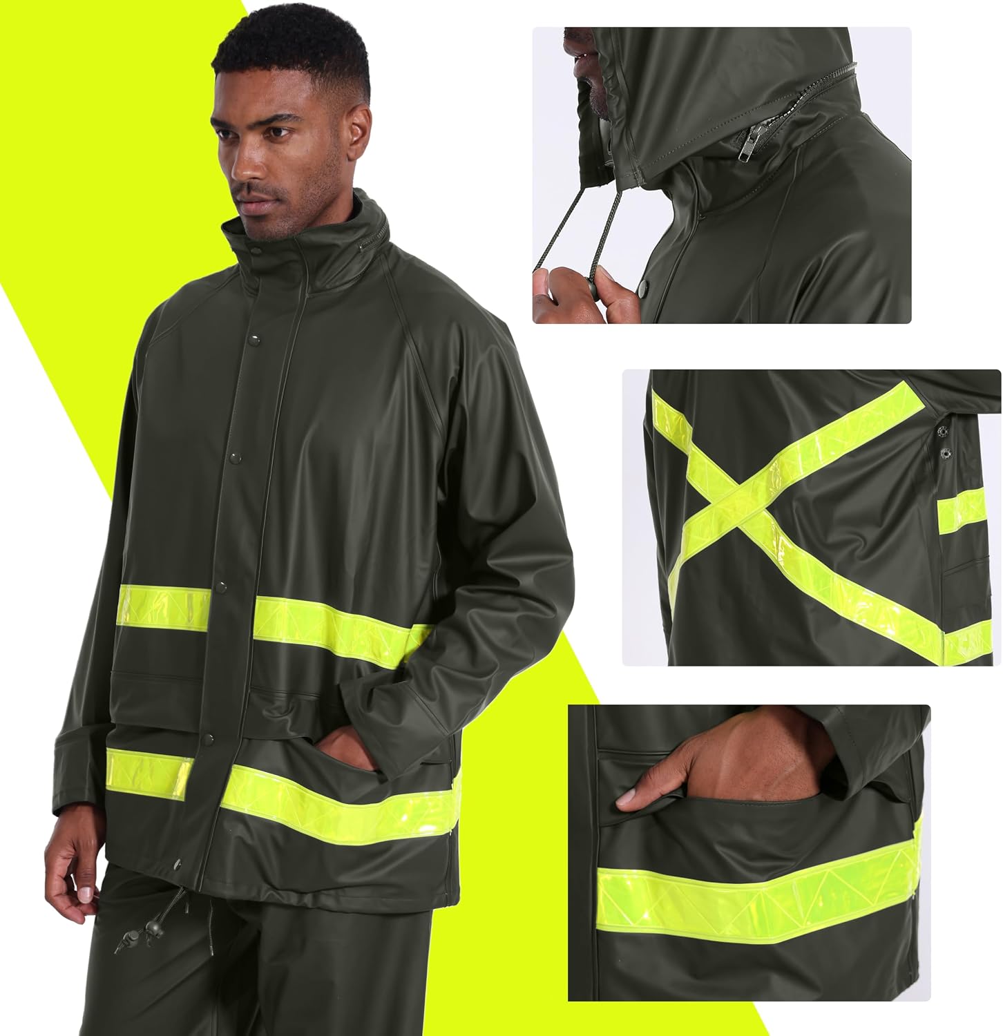 Men's Hi-Vis Waterproof Rain Jacket, Reflective Work Coat