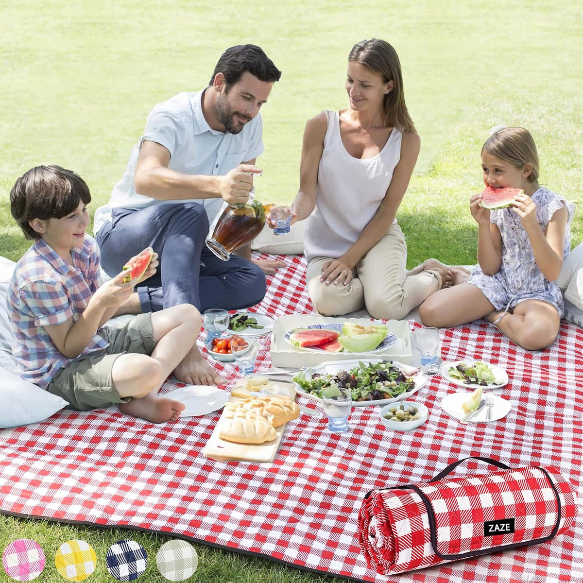 ZAZE Picnic Blankets Machine Washable, 80''x80'' Extra Large Waterproof Sandproof Foldable Compact Beach Blanket, Oversized XL Outdoor Mat for Spring Summer Camping, Park, Travel Grass(Blue and White)