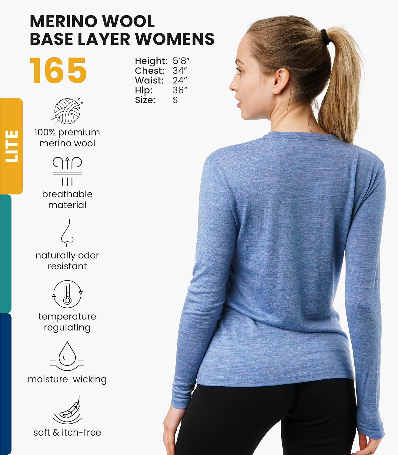 100% Merino Wool Base Layer Women - Long Sleeve Thermal Shirt with Socks