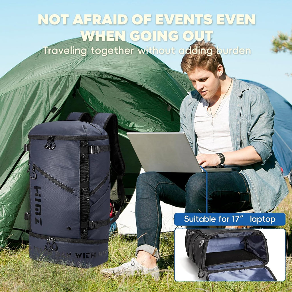 Waterproof Camping Backpack with Lunch Compartment, Mens Backpack Insulated for Work, 17 inch Laptop Bag, Carry On Backpacks for Airplane Beach Travel, Blue