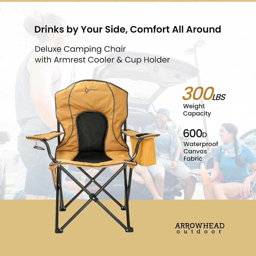 Arrowhead Outdoor Portable Folding Camping Quad Chair w/ 4-Can Cooler, Cup-Holder, Heavy-Duty Carrying Bag w/Easy Carry Shoulder Strap, Padded Armrests, Supports up to 330lbs, USA-Based Support