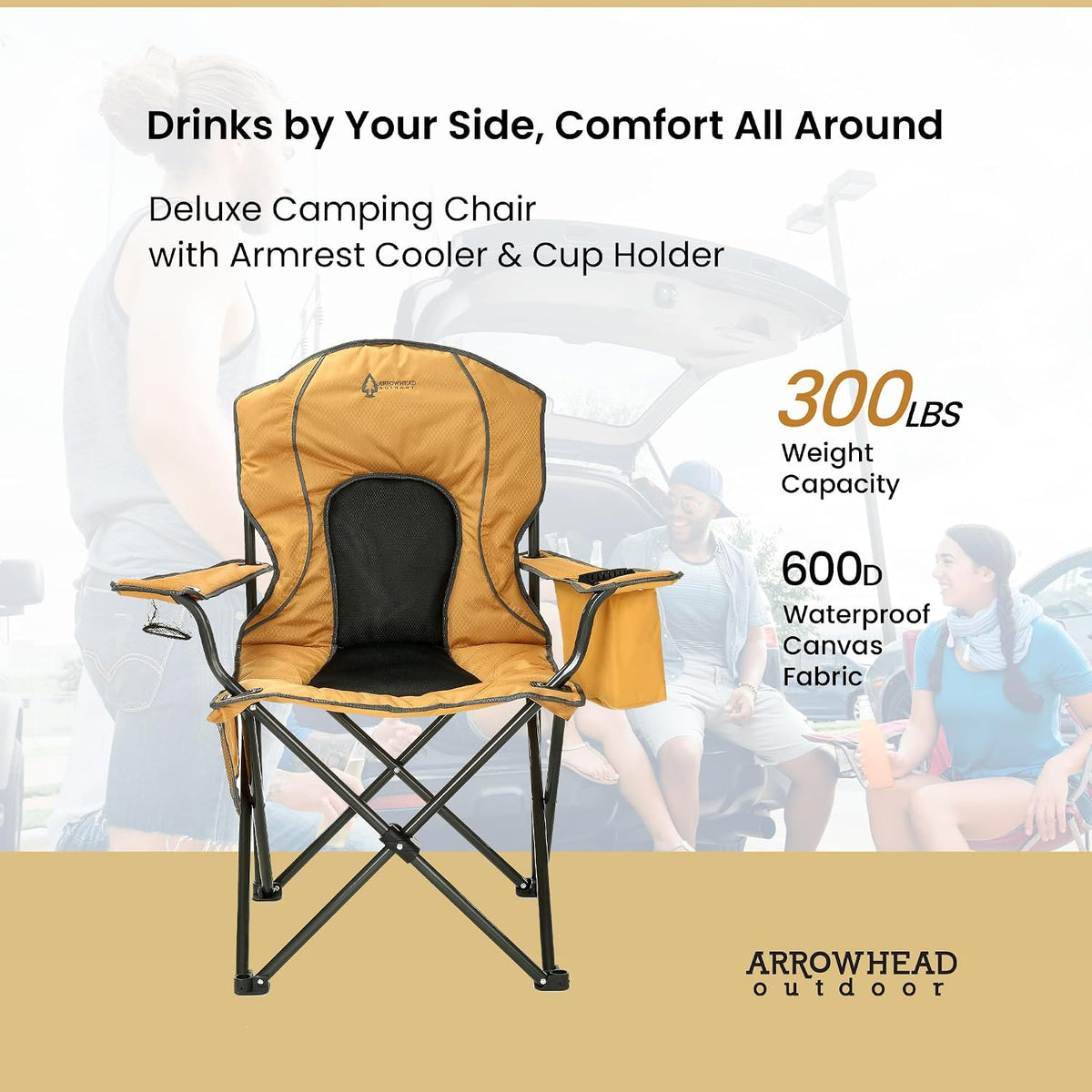 Arrowhead Outdoor Portable Folding Camping Quad Chair w/ 4-Can Cooler, Cup-Holder, Heavy-Duty Carrying Bag w/Easy Carry Shoulder Strap, Padded Armrests, Supports up to 330lbs, USA-Based Support