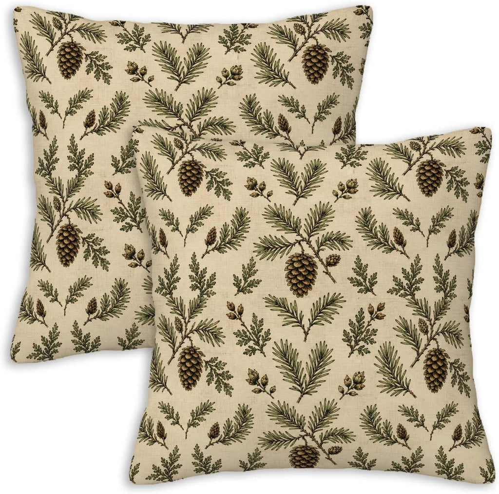 Pine Cone Throw Pillow Covers 18x18 Set of 2 | Rustic Cabin Decorative Cushion Covers | Woodland Lodge Pillow Cases for Couch Sofa Bed Living Room | Evergreen Branch Home Decor Outdoor Patio