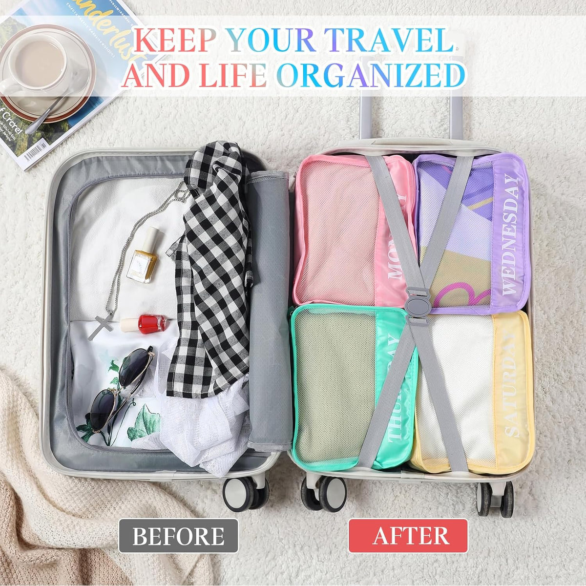 15 Pcs Day of Week Packing Cubes Travel Kids, 9x7x3inch, Macaron