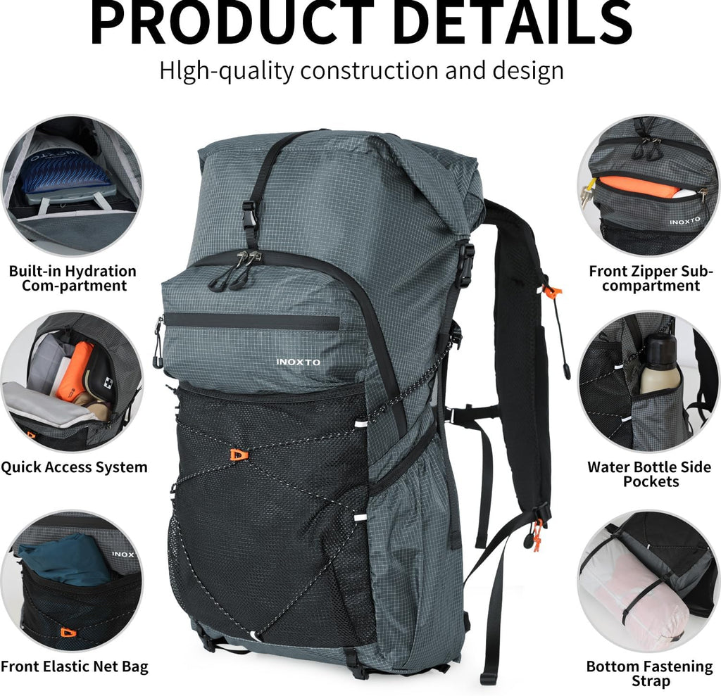 IX INOXTO Hiking Backpack for Men and Women, 30L Waterproof Camping Backpack with 3L Water Bladder and Rain Cover, Lightweight Outdoor Sport Travel Daypack Rucksack for Climbing Cycling (Dark gray)