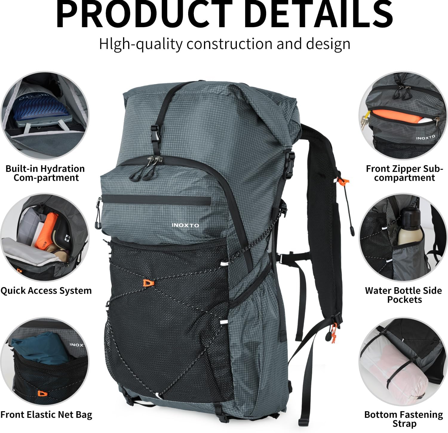 IX INOXTO Hiking Backpack for Men and Women, 30L Waterproof Camping Backpack with 3L Water Bladder and Rain Cover, Lightweight Outdoor Sport Travel Daypack Rucksack for Climbing Cycling (Dark gray)