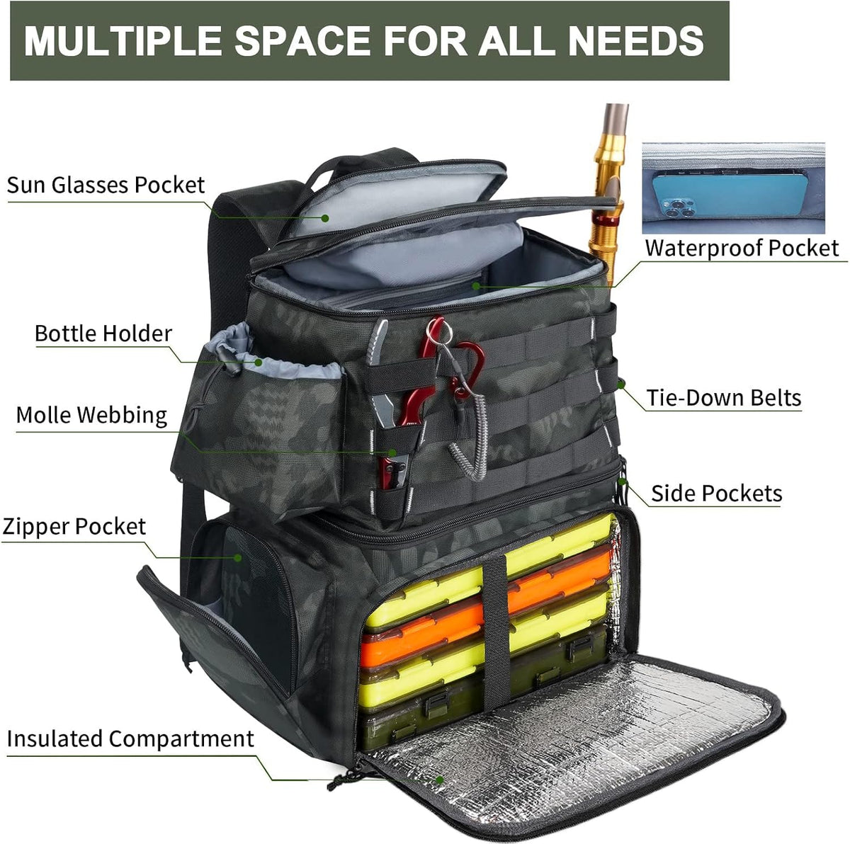 MATEIN Fishing Backpack, Tackle Storage Bag with Rod Holders & Cooler