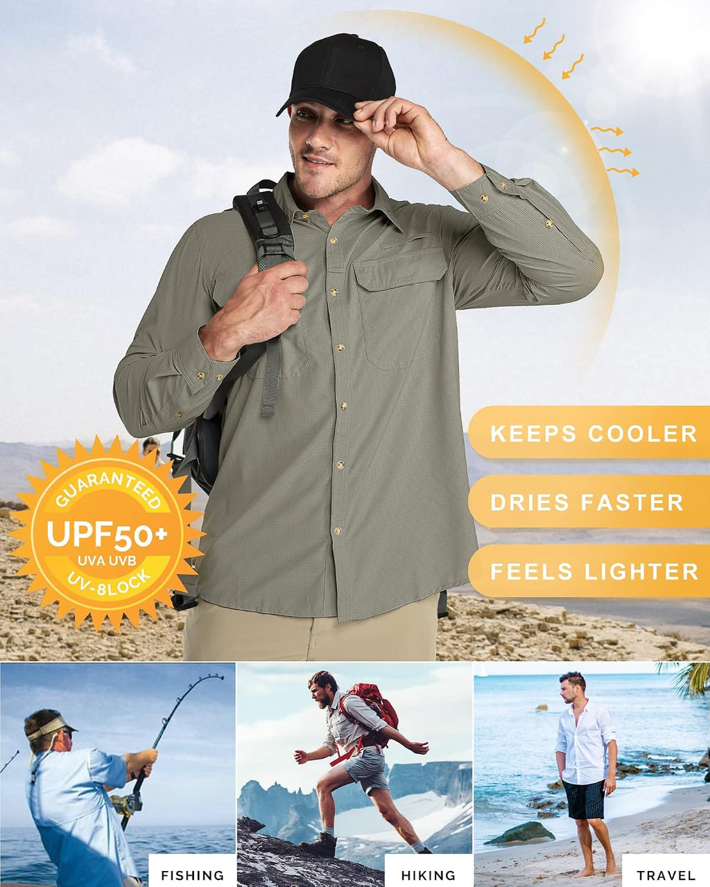 33,000ft Men's Long Sleeve Sun Protection Shirt UPF 50+ UV Quick Dry Cooling Fishing Shirts for Travel Safari Camping Hiking