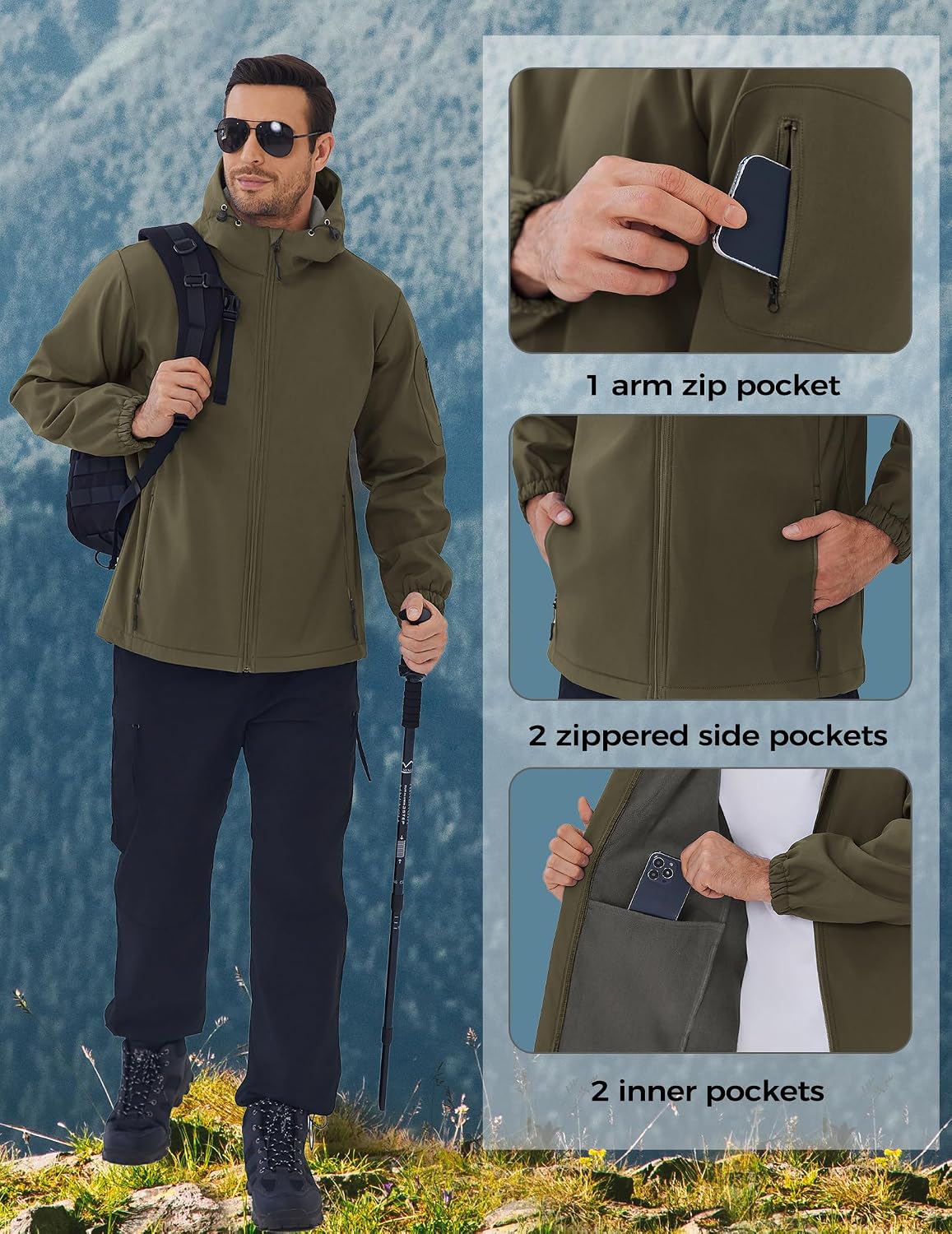 COOFANDY Men's Hooded Softshell Jacket Waterproof Fleece Lined Windbreaker Lightweight Outdoor Hiking Jacket