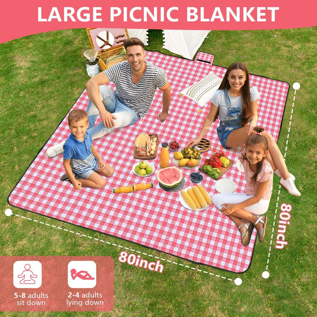 OBTANIM Extra Large Picnic Blanket 80 x 80 Inch Waterproof Foldable Beach Blankets Outdoor Picnic Mat for Camping Grass Lawn Park Music Festival Party Accessories (Red and White)