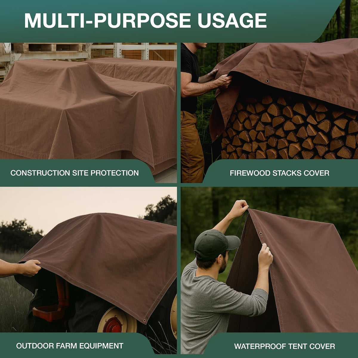 CCS Waterproof Canvas Tarp Cover – Heavy Duty Duck Cloth, Waxed Canvas Tarpaulin with Rustproof Brass Grommets for Camping, Construction, Equipment & Outdoor Use (Brown, 7x9 Ft)