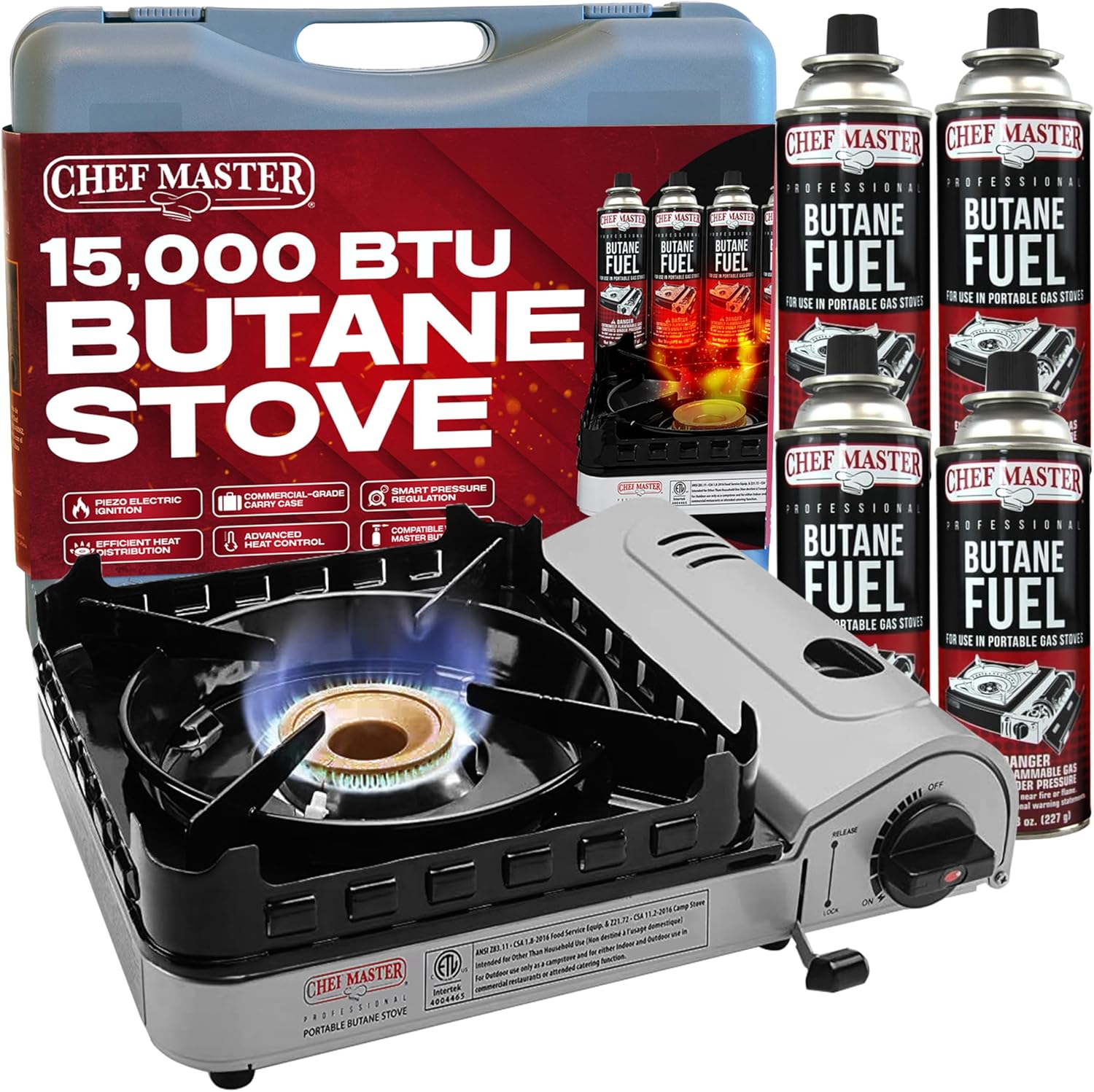 Chef Master Butane Camping Stove + 4x 8 oz Fuel, Backpacking, 15,000 BTU