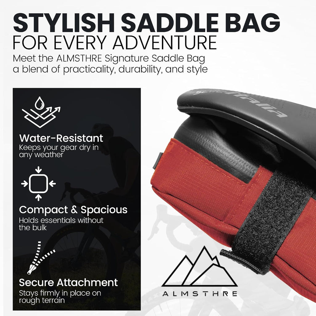 ALMSTHRE Signature Bike Saddle Bag – Rust Red | 0.5L Bike Seat Bag (3" x 5.25" x 2") | Water-Resistant Ripstop, Waterproof Zipper, Internal Pocket | Durable Under Seat Storage