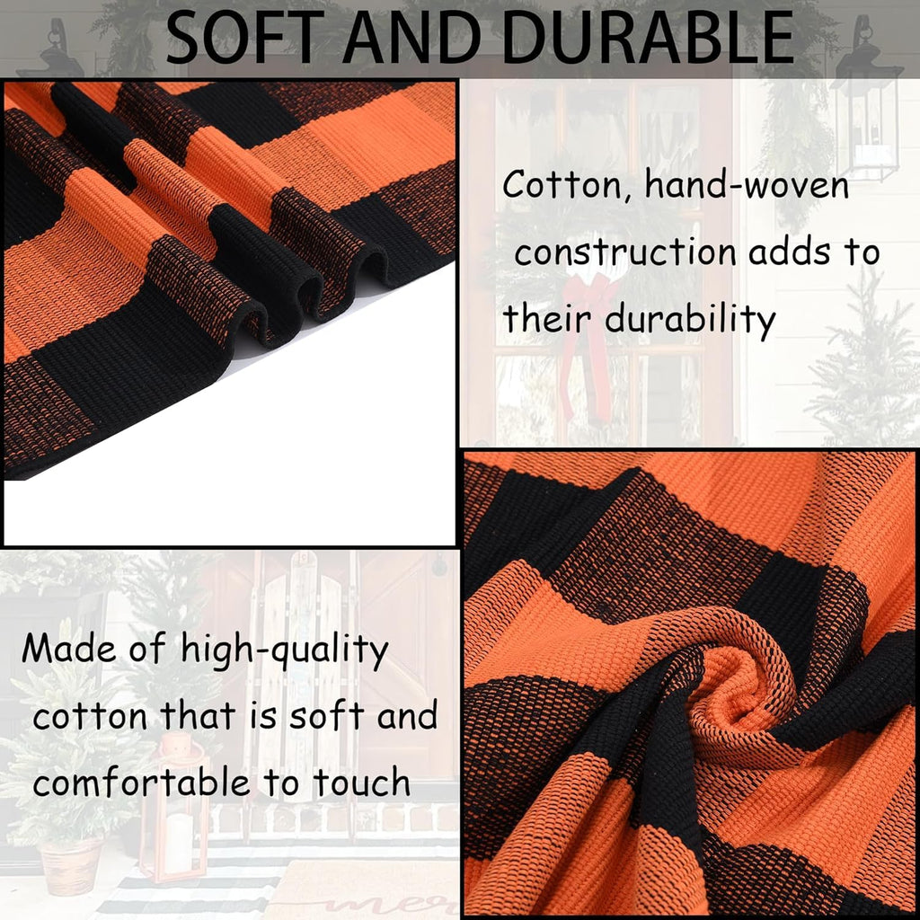 Orange and Black Plaid Rug, 28'' x 43'' Fall Outdoor Front Door Decor Mat, Cotton Washable Hand-Woven Rug for Layered Doormat, Autumn Halloween Thanksgiving Carpet for Porch, Entryway