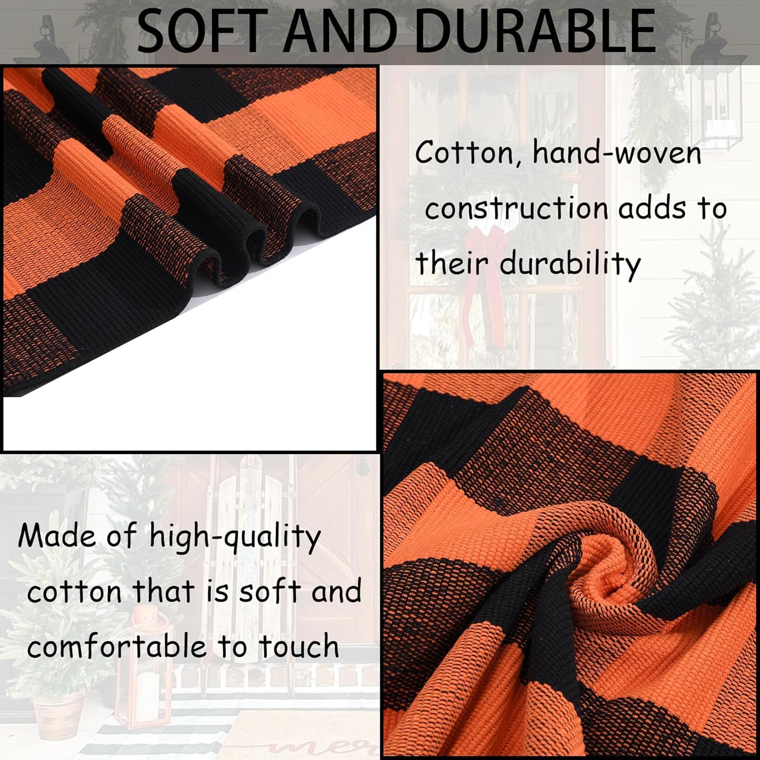 Orange and Black Plaid Rug, 28'' x 43'' Fall Outdoor Front Door Decor Mat, Cotton Washable Hand-Woven Rug for Layered Doormat, Autumn Halloween Thanksgiving Carpet for Porch, Entryway