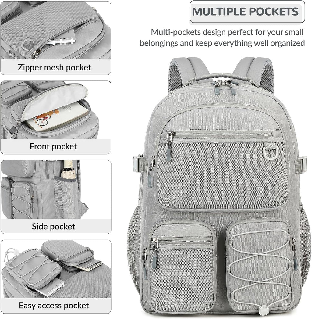 Lohol Water Resistant Daypack with Mulitiple Pockets for School Travel Outdoor College, 15.6 inch Laptop Backpack for Men and Women (Grey)