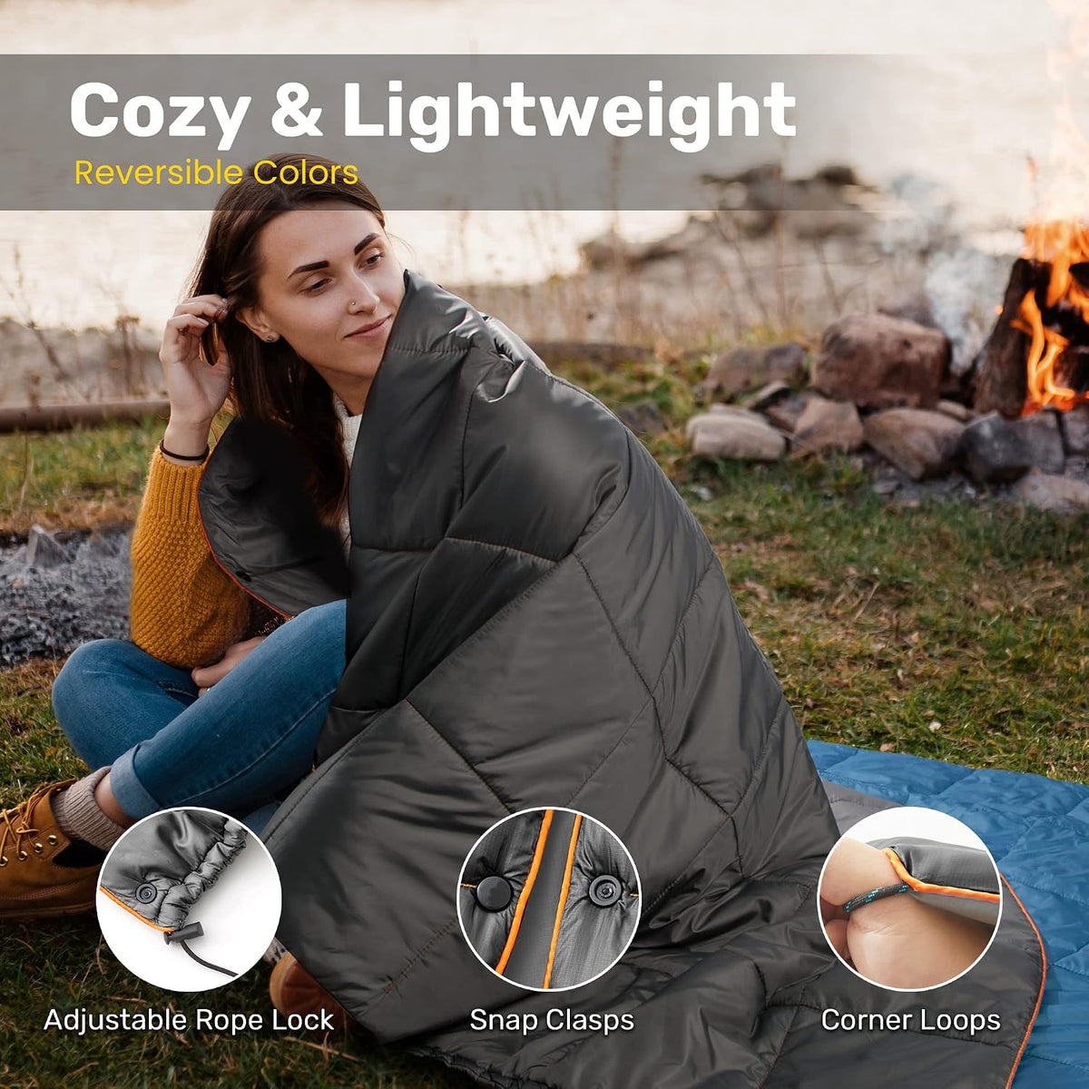UNIKOME Puffy Camping Blanket,Packable Outdoor Quilt, 75"×52",Grey