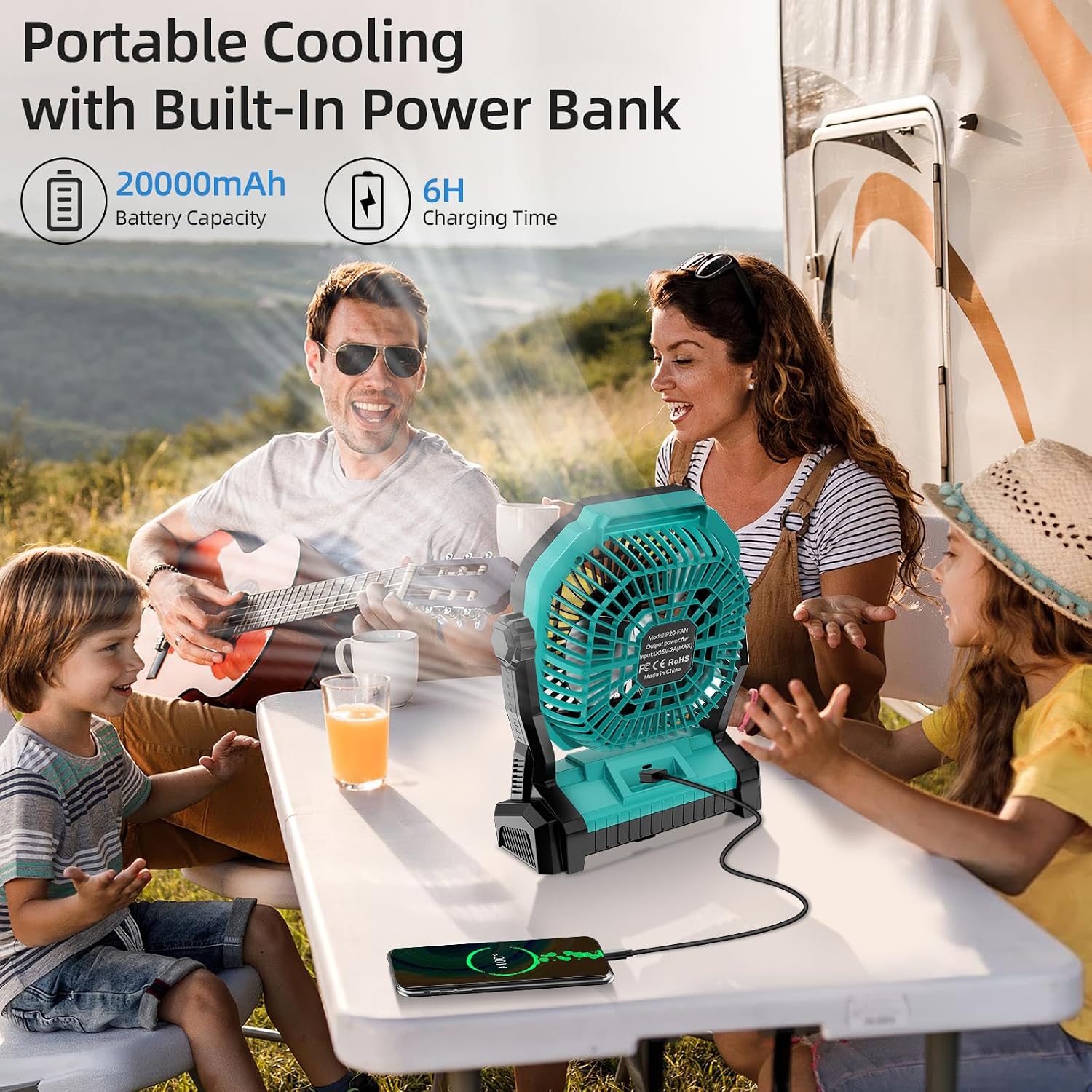 Camping Fan Rechargeable, 20000mAh Battery Powered Portable Fan with LED Light, 4-Speed 180° Adjustable, Camping Essentials for Tent, Travel, Car, Outdoor, Indoor, BBQ, Fishing, Jobsite - Blue