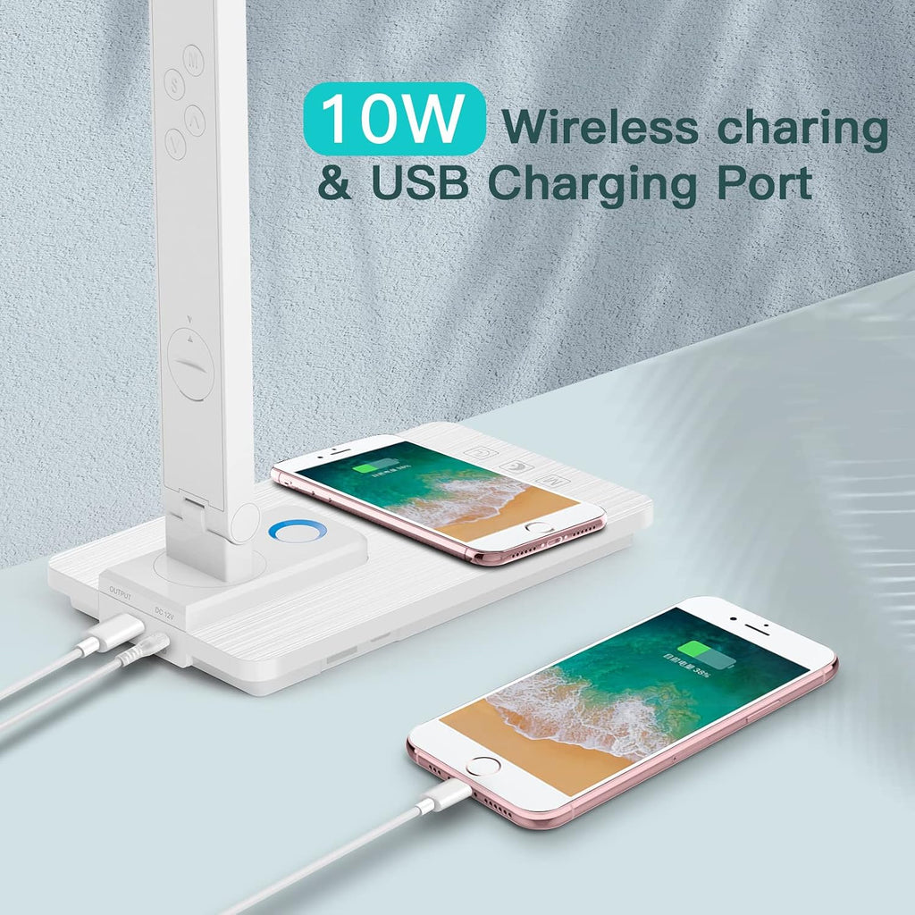 LAOPAO LED Desk Lamp with Wireless Charger: Desk Lamps for Home Office Bedroom, 5 Color Modes & Brightness Dimmable, 2 Night Light