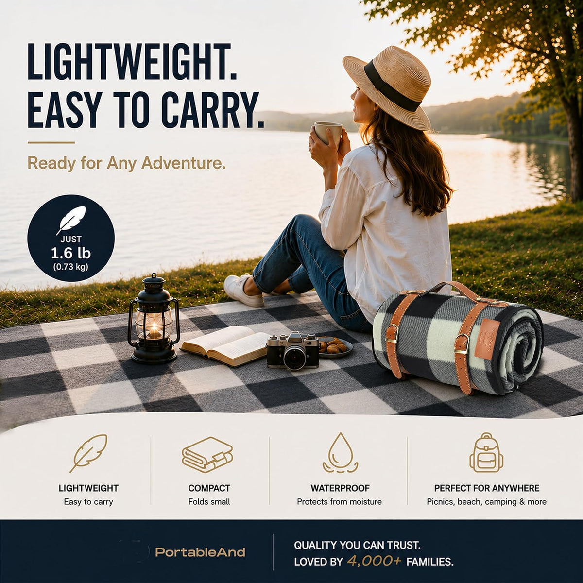PortableAnd Ultra Soft Lightweight Picnic Blanket Waterproof 3-Layer Outdoor Mat Compact Foldable Blanket for Parks, Beaches, Camping & Everyday Adventures