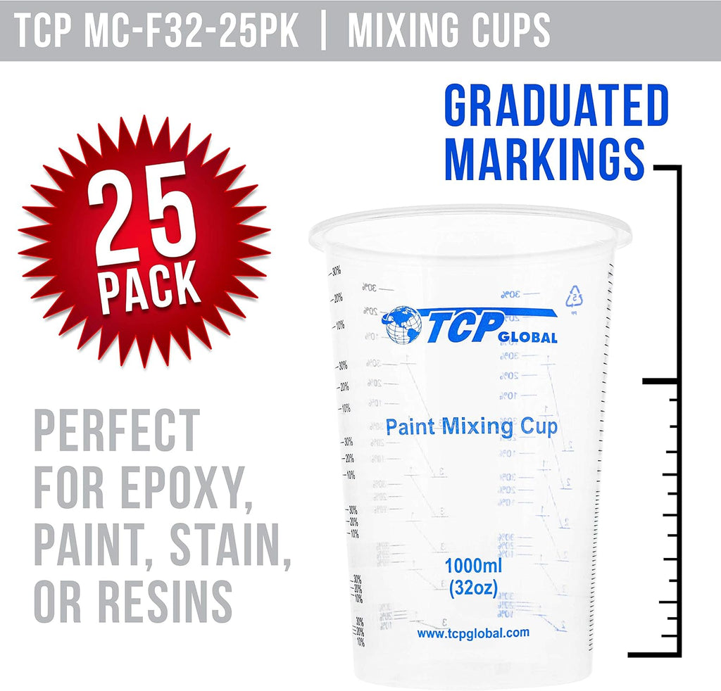 TCP Global 32 oz. (1000ml) Graduated Plastic Mixing Cups (Box of 25)