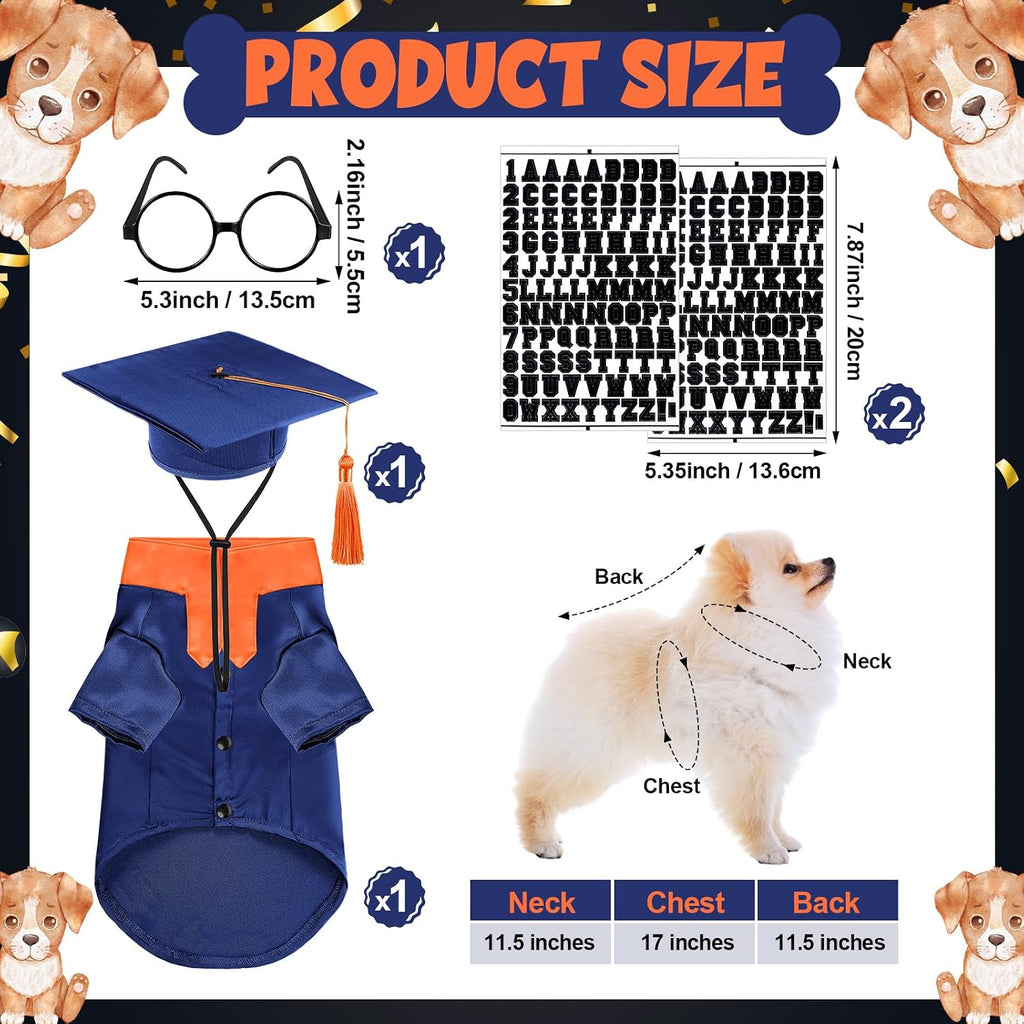 Huhumy 5 Pcs Dog Graduation Costume Set Include 2026 Pet Graduation Gown with Stole Puppy Grad Cap Lensless Glasses DIY Letter Stickers for Dogs Cats Holiday Costume Accessory(Blue Orange,S)