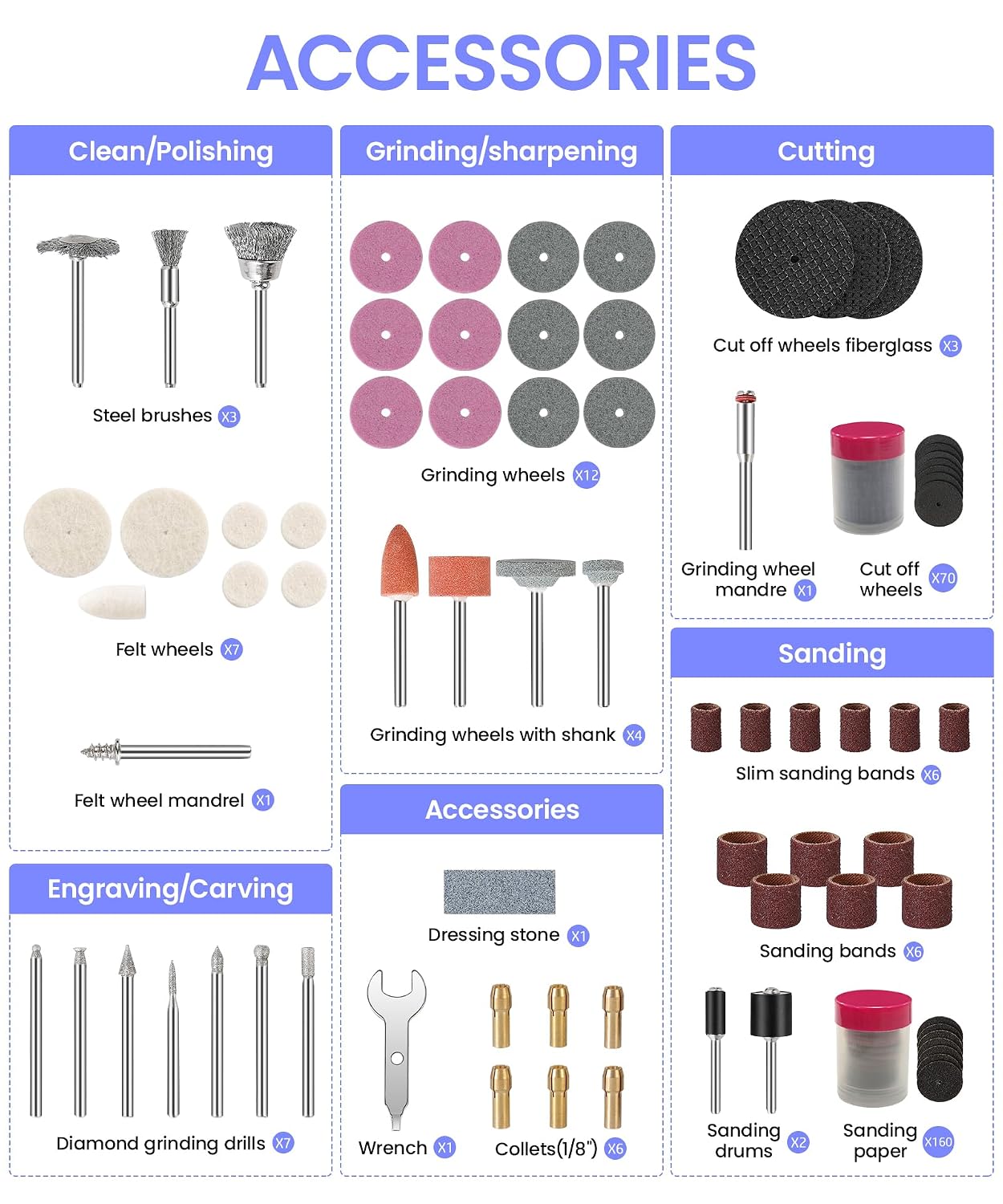 HARDELL 287Pcs Rotary Accessory Kit w/ 1/8" Shanks, for Cutting & Polishing