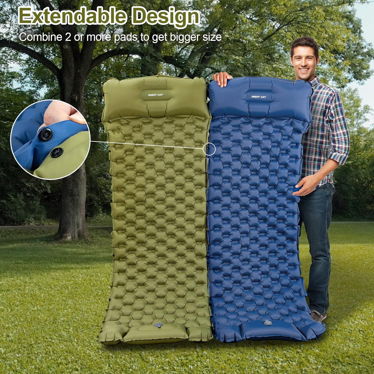 Night Cat Inflatable Sleeping Pads Mat Bed with Pillow Foot Pump for Camping Backpacking Hiking Ultra-Light Compact Comfortable Extendable 77"x25.5"