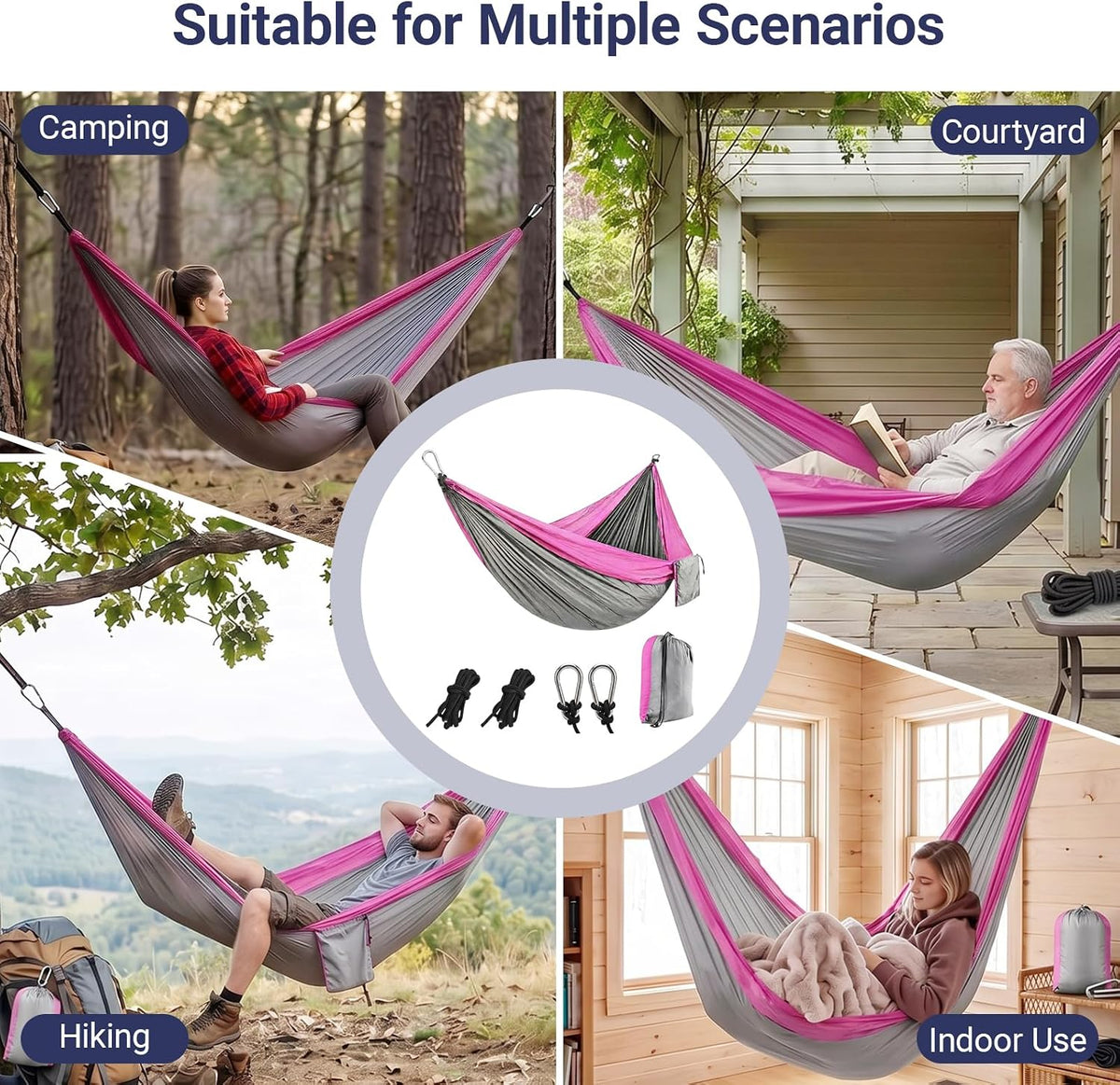 Camping Hammocks, Portable Parachute with Tree Straps (Pink & Gray)