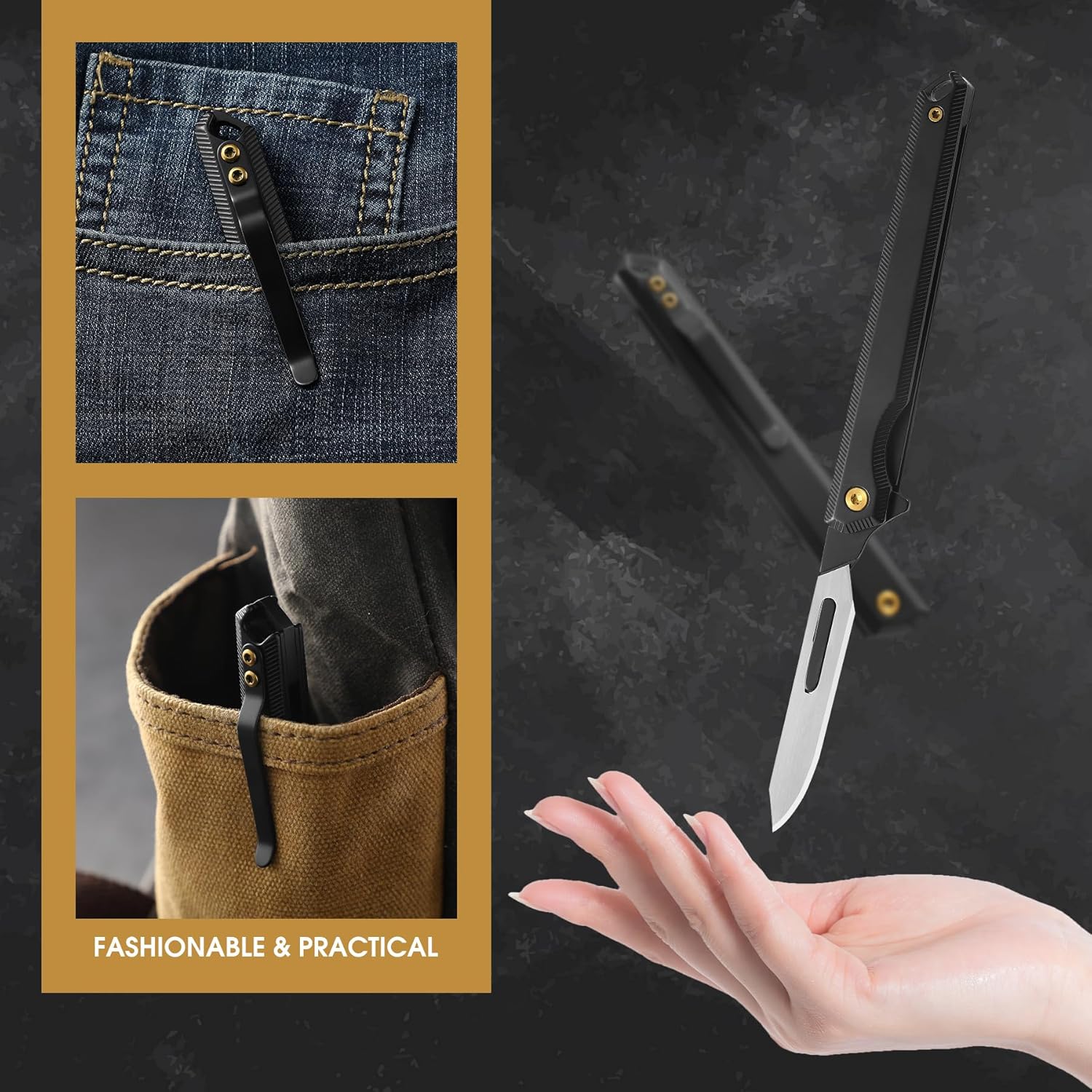 Folding Scalpel Knife, Mini Slim Pocket Knife with 10pcs #60 Scalpels Replaceable Blades, EDC Utility Knife with Liner Lock, Pocket Clip, Ideal Gifts for Men and Women（Black）
