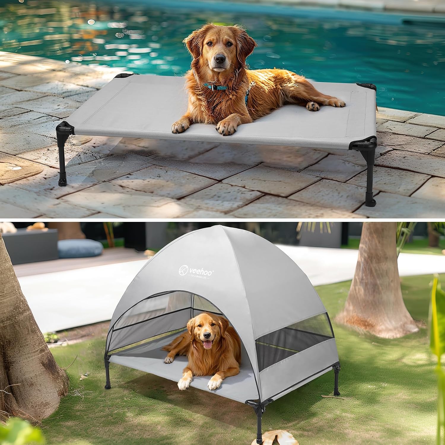 Veehoo Outdoor Dog Bed with Canopy, Cooling Elevated Dog Shade for Outside