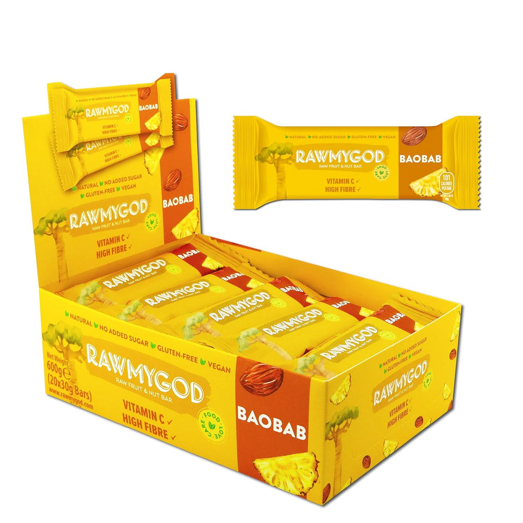 RAWMYGOD Fruit and Nut Bars, Gluten Free, Vegan, No Added Sugar (20 bars, Baobab)