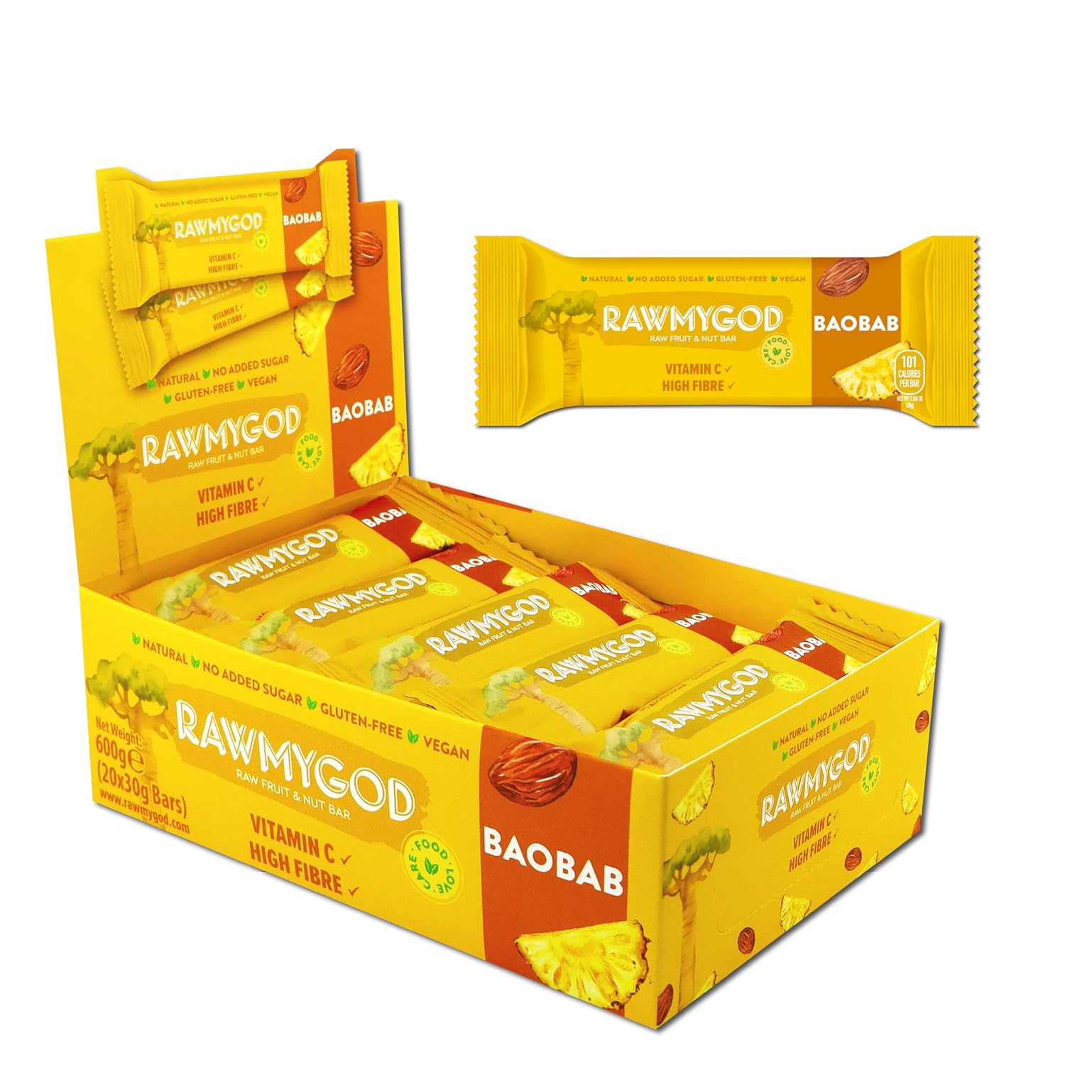 RAWMYGOD Fruit and Nut Bars, Gluten Free, Vegan, No Added Sugar (20 bars, Baobab)