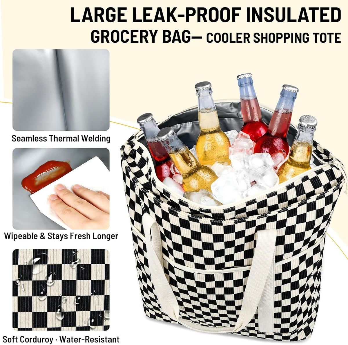 Corduroy Insulated Cooler Tote Bag for Grocery Shopping, Beach