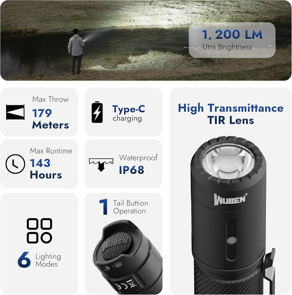 WUBEN C3 Flashlight 1200 High Lumens 6 Modes Rechargeable Flashlights