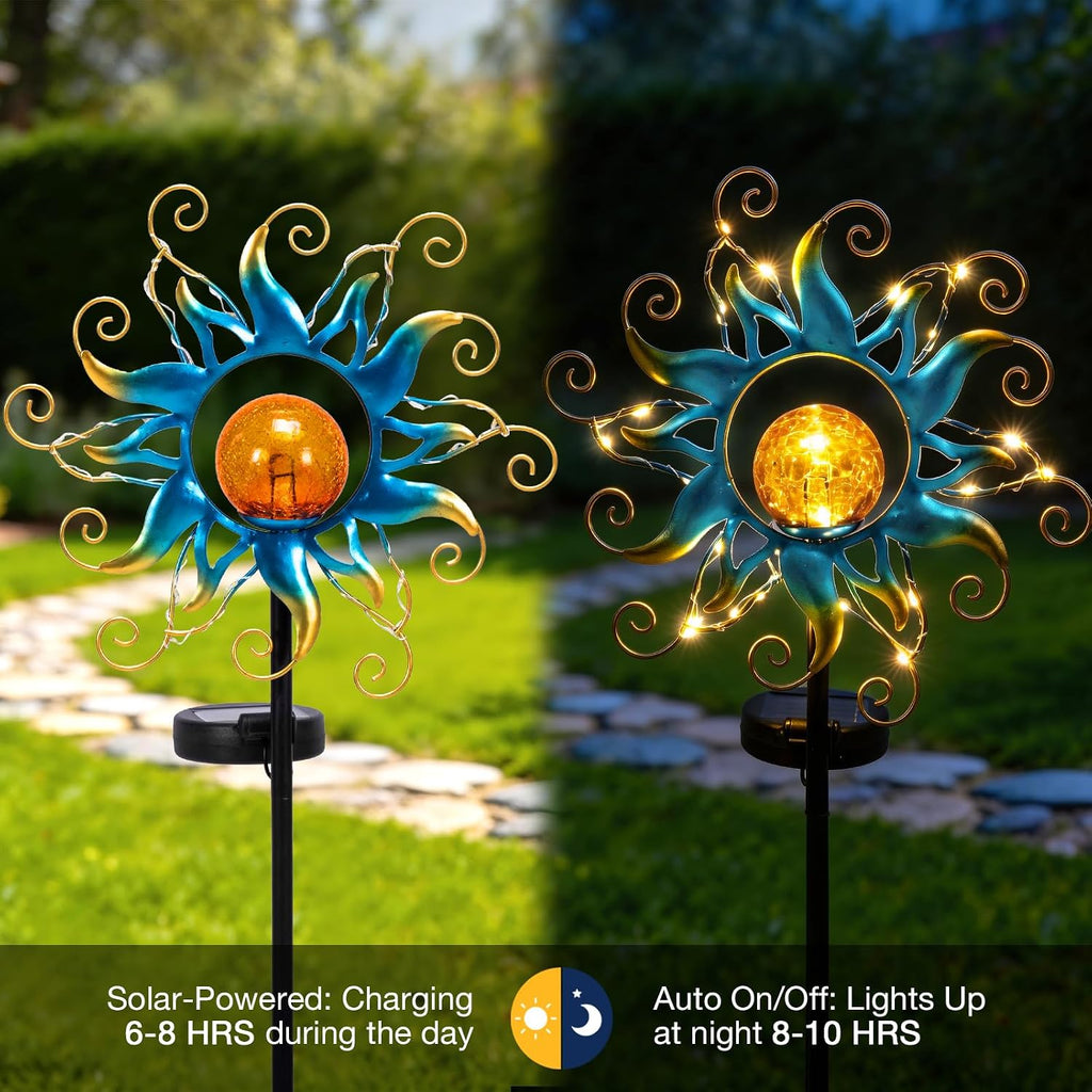 Solar Lights Outdoor Garden Decor, Blue Metal Sun Crackle Glass Globe Stake Waterproof 30LED Decorations Unique Gifts for Women,Mom,Outside, Patio,Lawn,Yard,Pathway